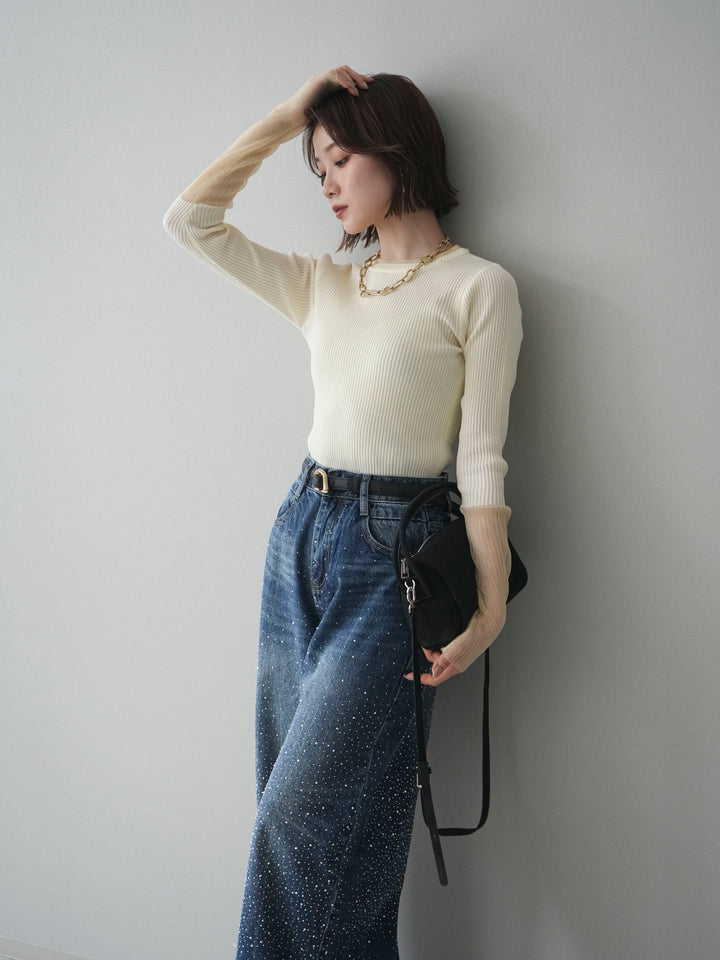 [SET]リブラメシアー切替リブニットトップス+ラインストーンカーブデニムパンツ(2set)
