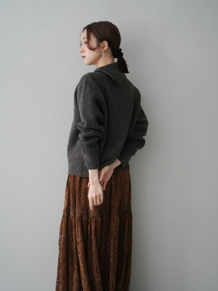 [SET]ハイネックデザインボタンニットカーディガン+起毛レースティアードスカート(2set)