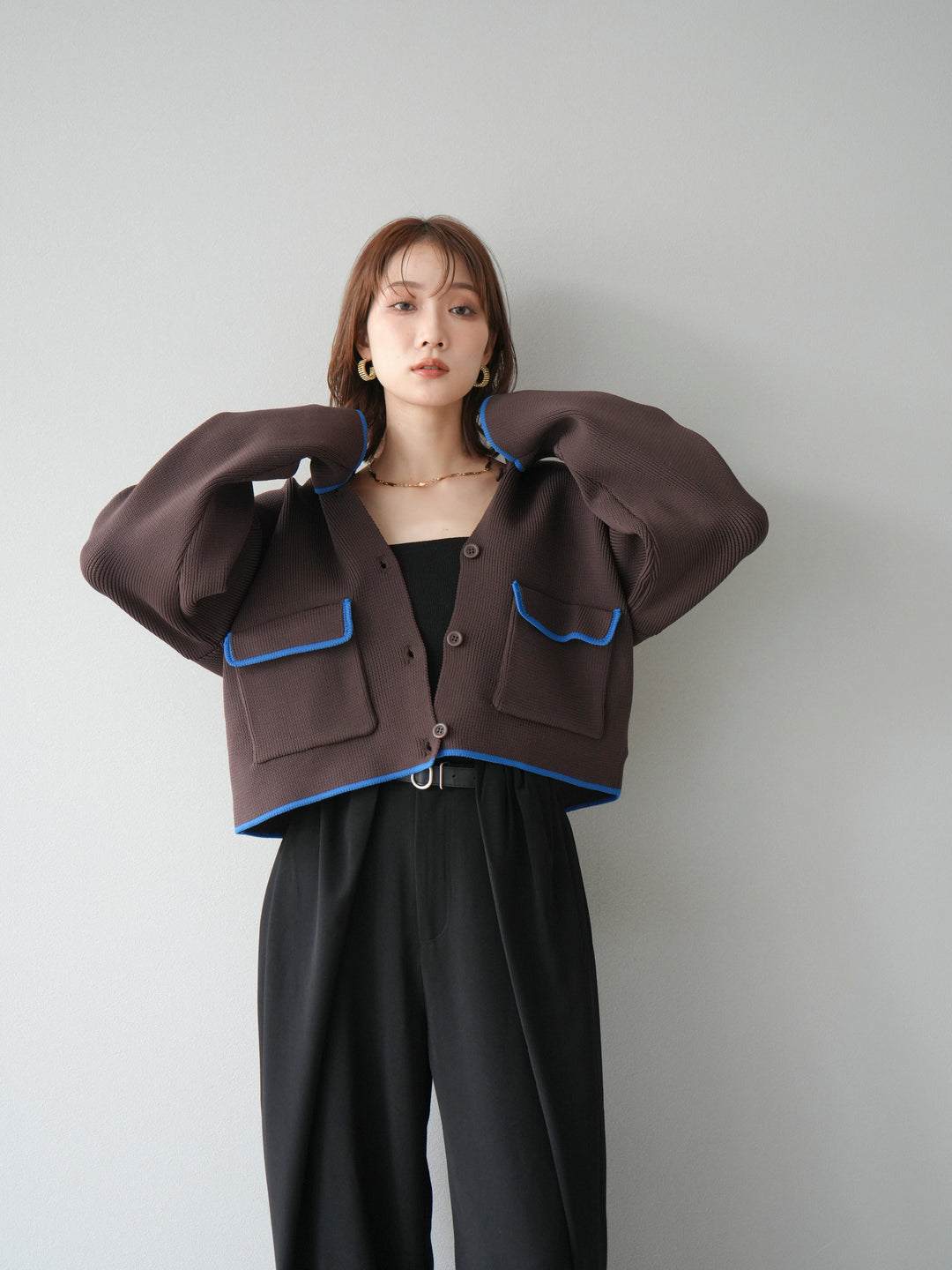[予約]ポリエステル配色クルーネックカーディガン/ブラウン
