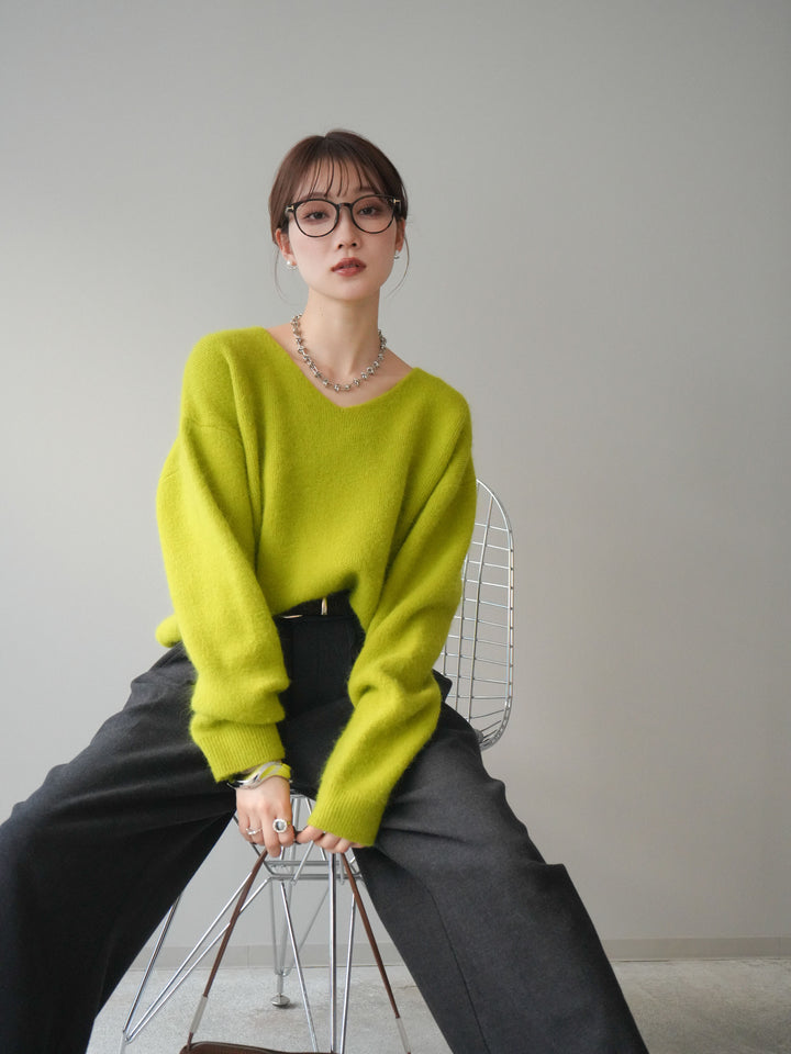 [予約]シュシュ付きアンゴラタッチVネックニットプルオーバー/green