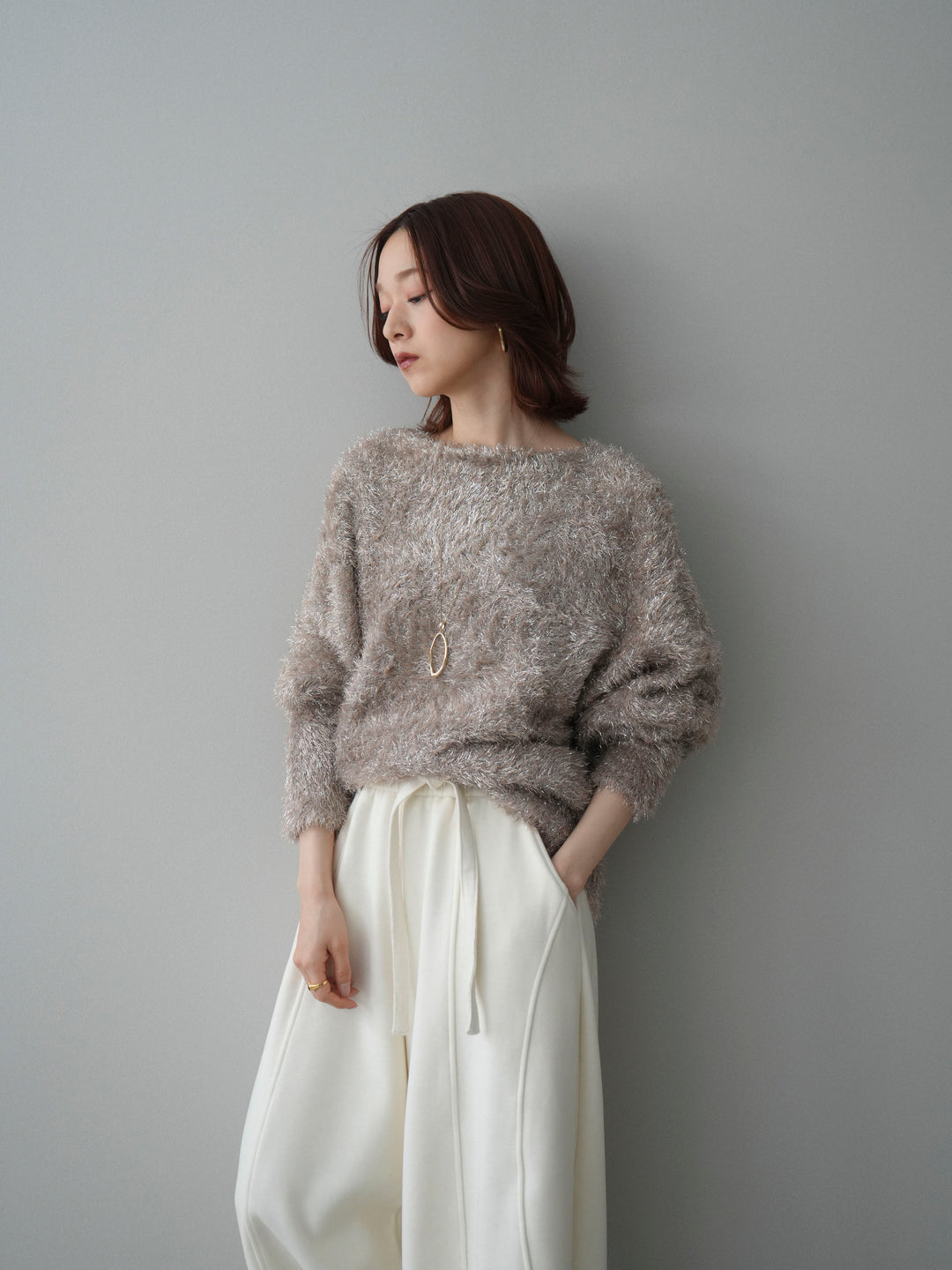 [予約]ラメシャギードルマンニットプルオーバー/beige