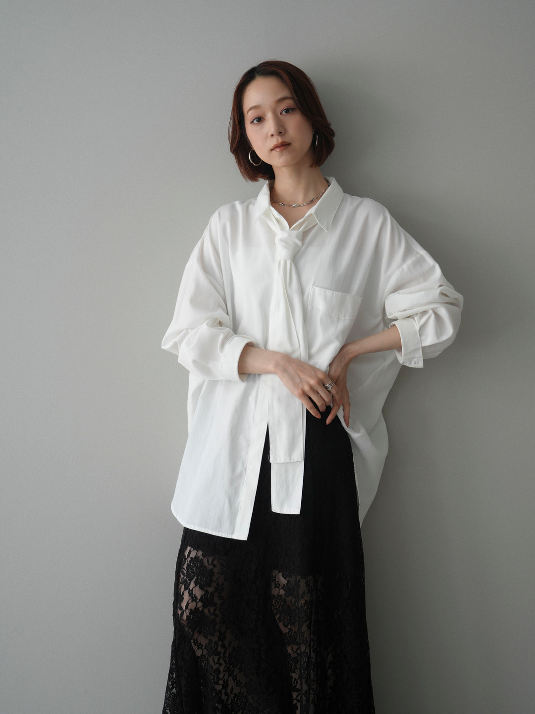 [予約]コットンライクボウタイオーバーシャツ/offwhite