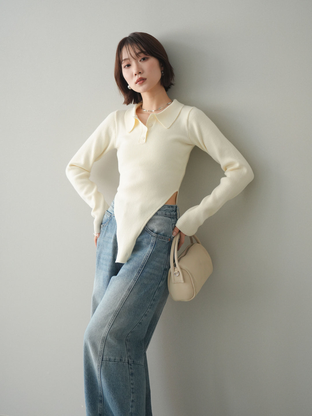 [予約]リブポロニットボディスーツ/ivory