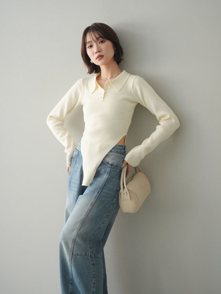 [予約]リブポロニットボディスーツ/ivory