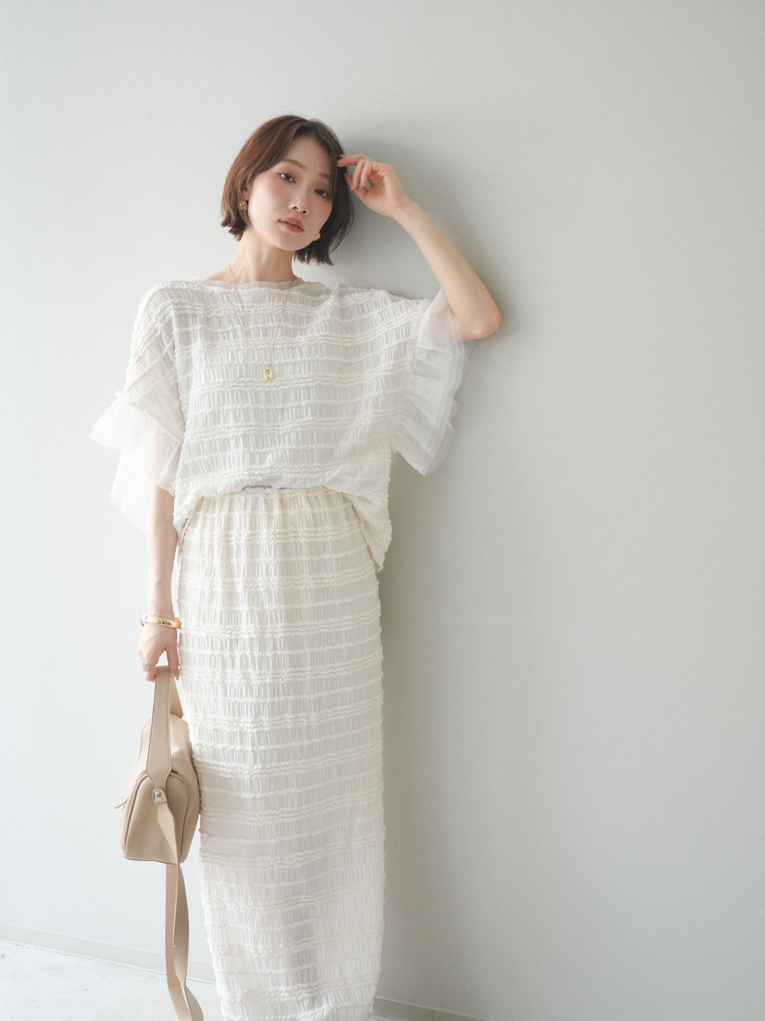 [SET]チュール袖リップルトップス+リップルIラインスカート(2set)