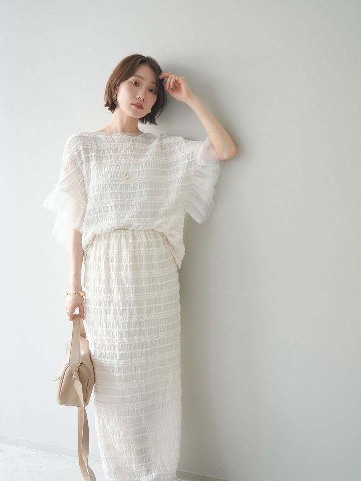 [SET]チュール袖リップルトップス+リップルIラインスカート(2set)