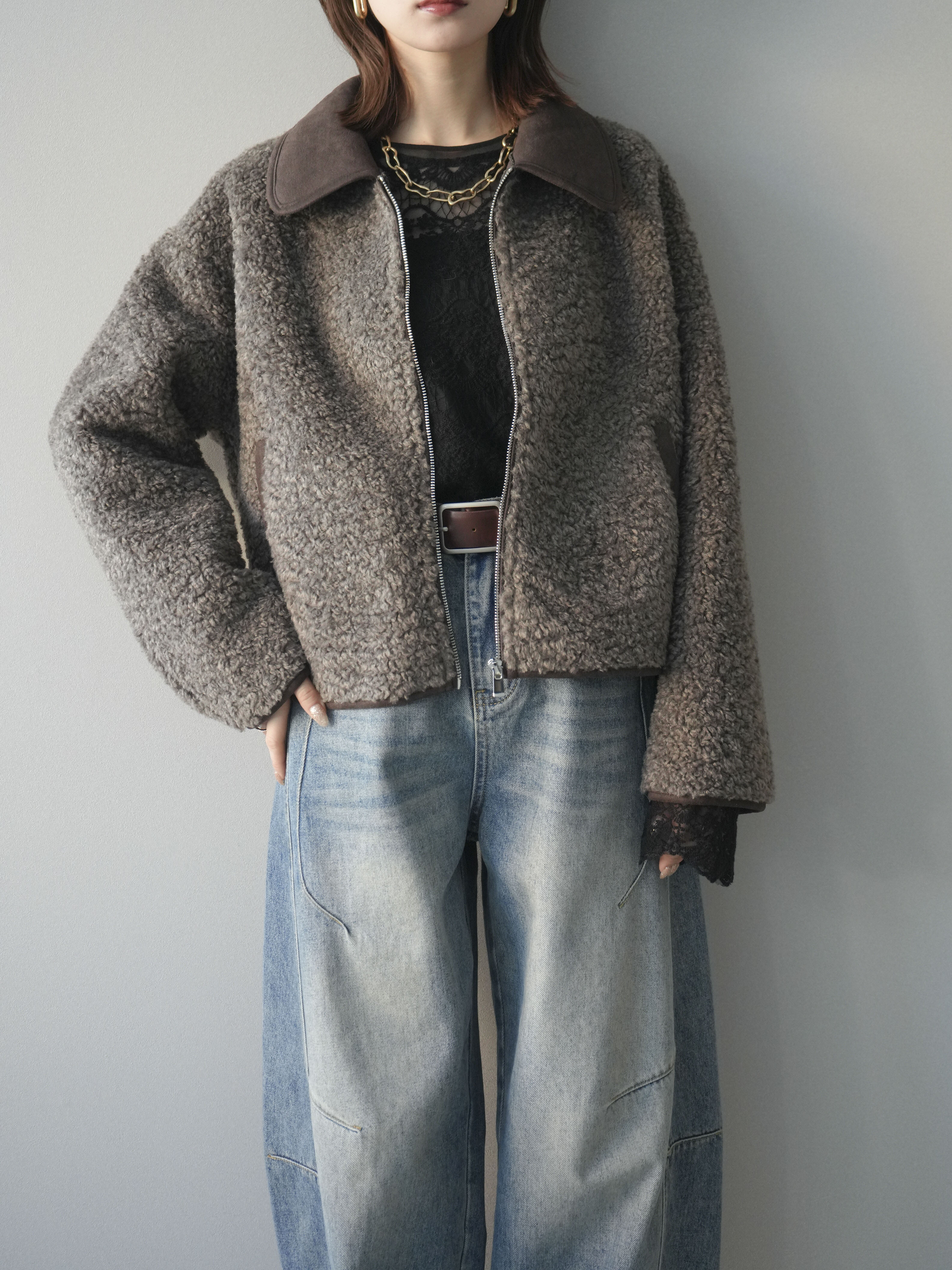 予約]スエード襟ボアショートジャケット/brown – Lumier