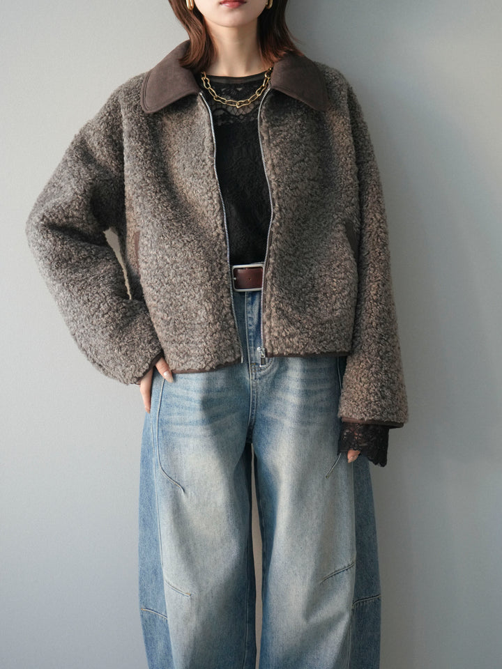 [予約]スエード襟ボアショートジャケット/brown