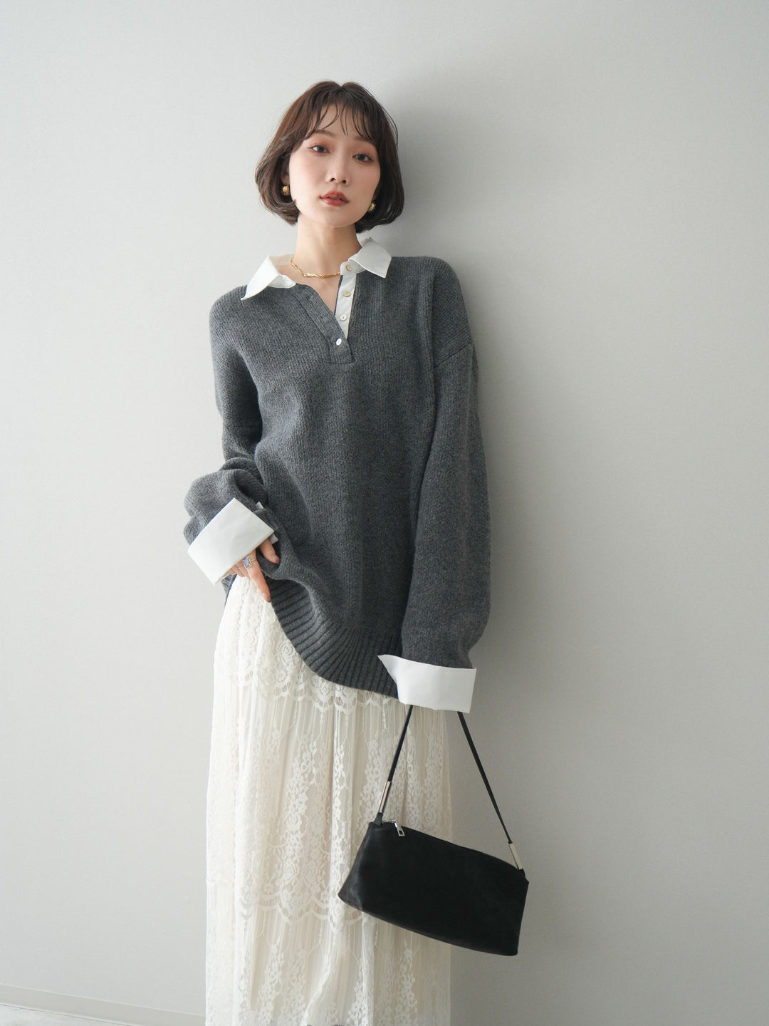 [予約]シャツドッキングオーバーニットプルオーバー/charcoaloff