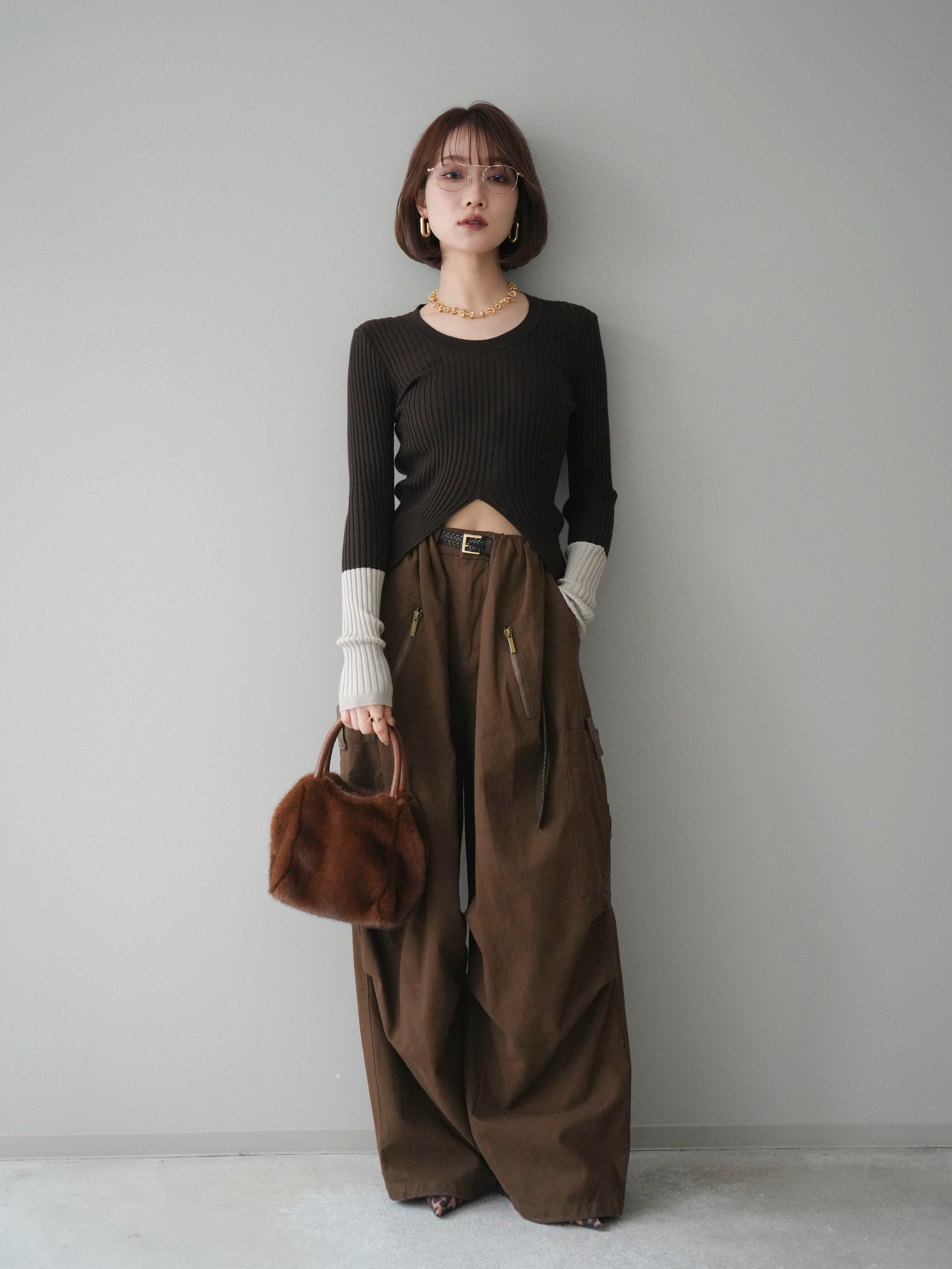 予約]袖配色ランダムリブフロントスリットニットトップス/brown – Lumier