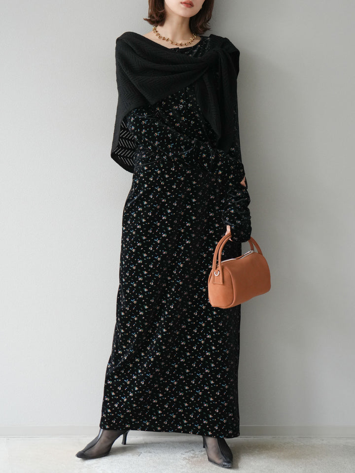 [予約]ベロアフラワープリントカーディガン/ブラックxイエロー