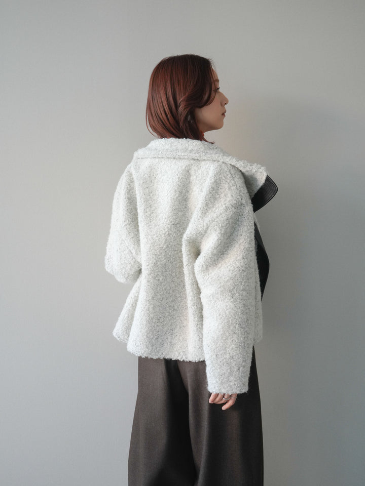 [SET]レザー切替ブークレブルゾン+袖ボタンボトルネックリブニットトップス+アニマル柄ベルト付きウールタッチワイドパンツ(3set)