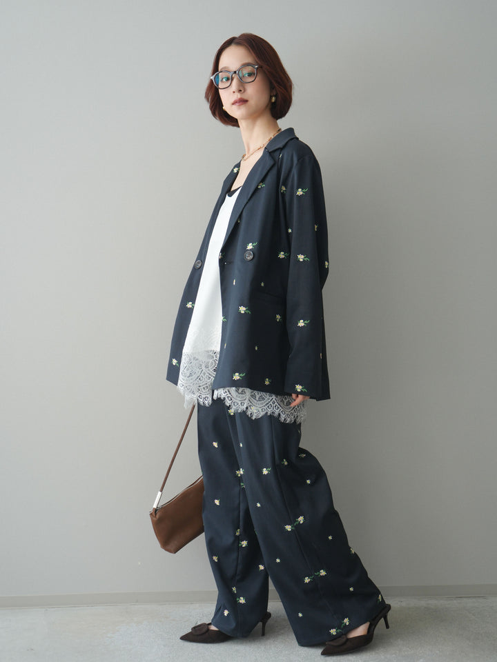 [予約]フラワー刺繍タックパンツ/navy