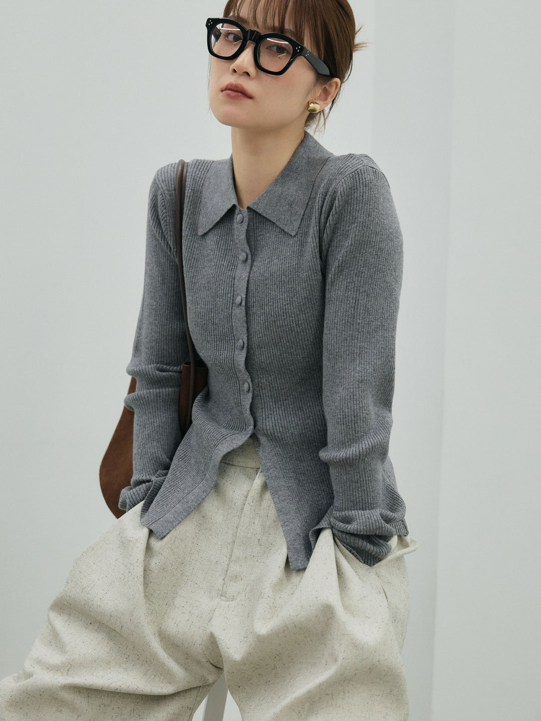 【Allure】[SET]くるみボタンポロリブニットトップス+くるみボタンポロリブニットトップス(2set)