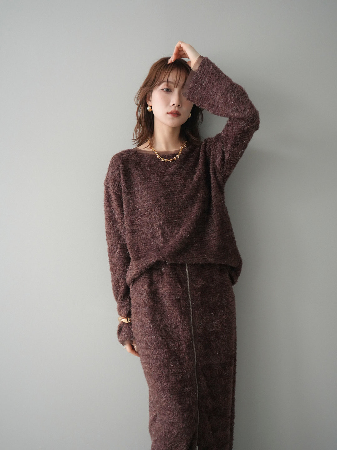 [予約]ラメシャギートップス/brown