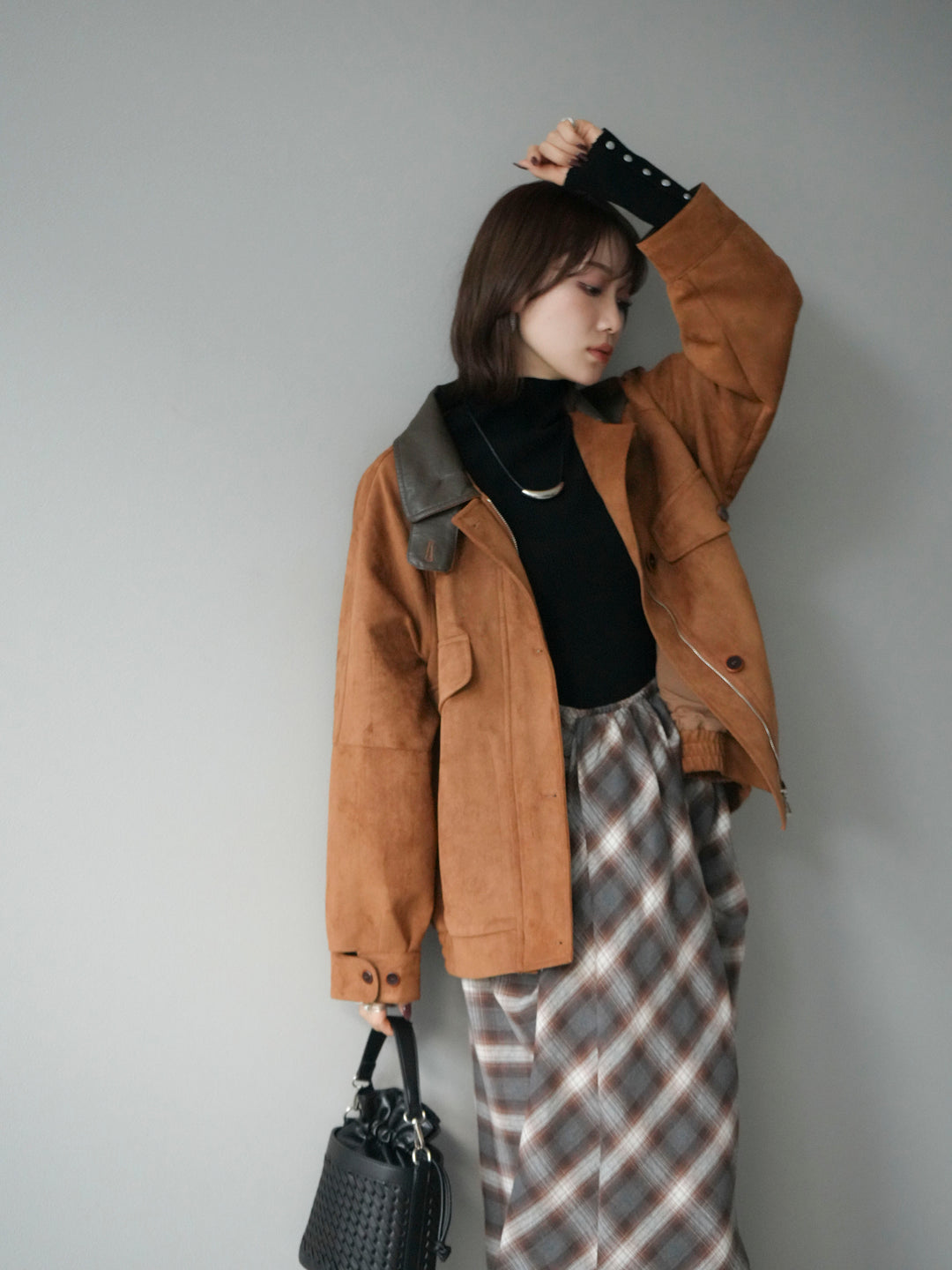 [予約]デザインポケットレザー襟スウェードジャケット/キャメル