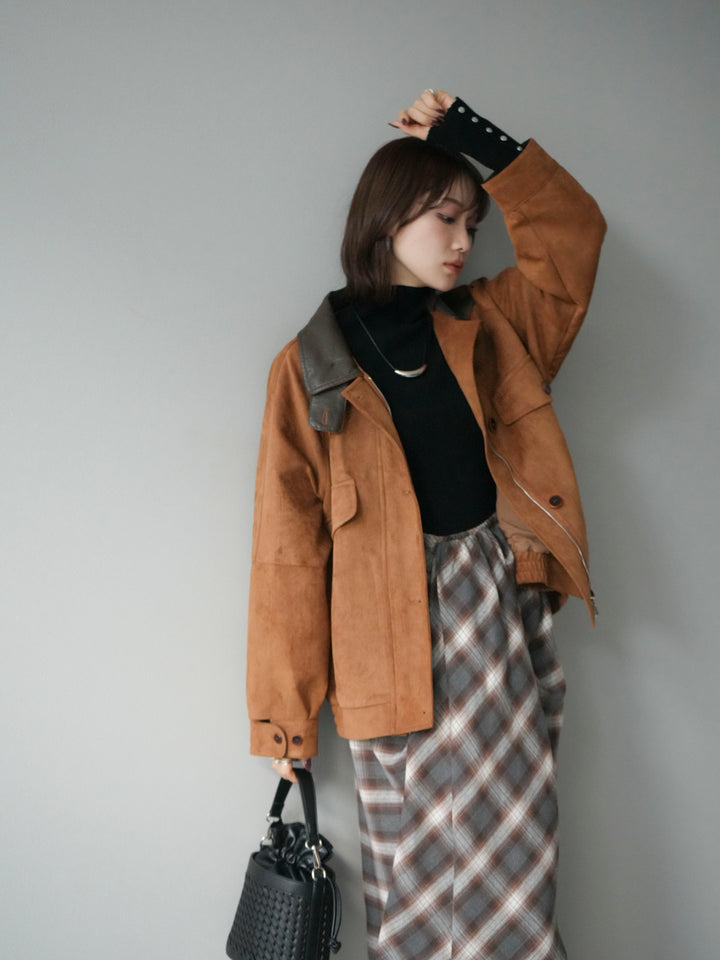 [予約]デザインポケットレザー襟スウェードジャケット/キャメル