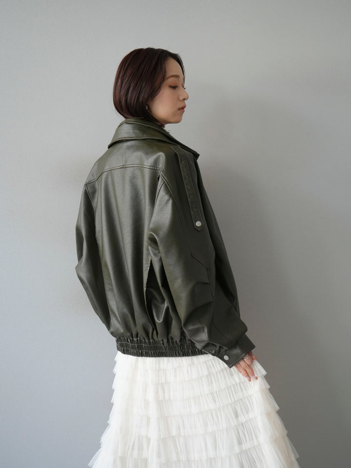 [予約]スタンドカラーフェイクレザーブルゾン/カーキ