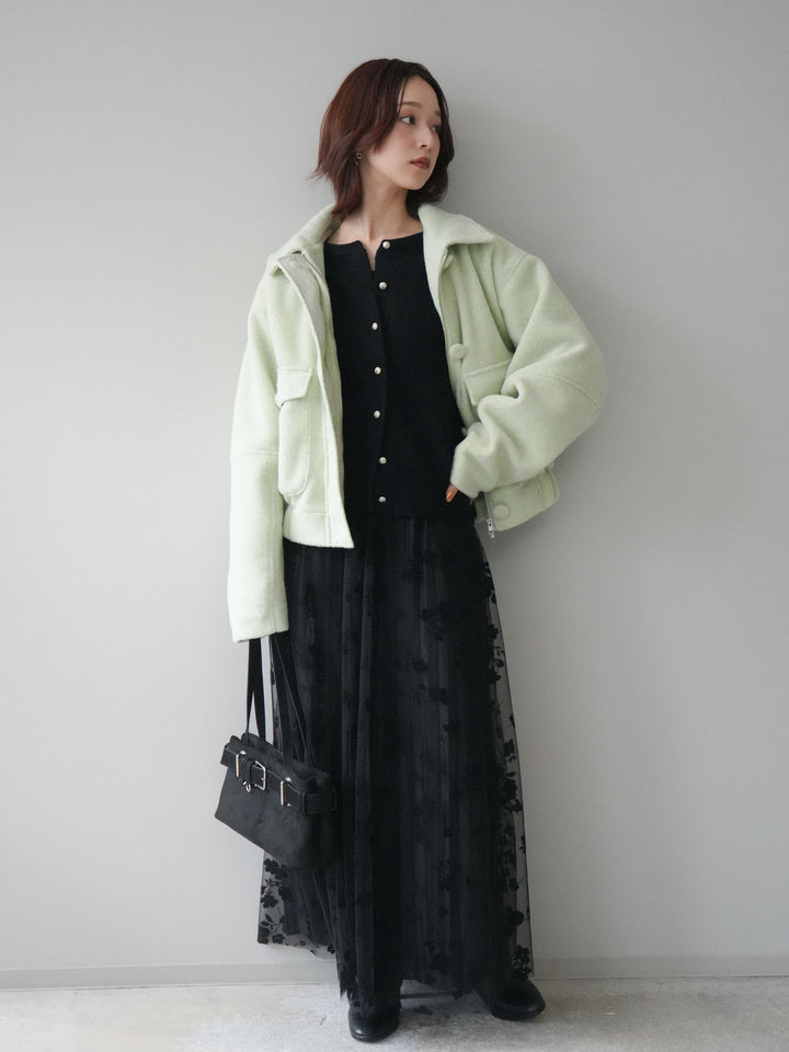 [SET]ウールライクフライトジャケット+フラワーフロッキーチュールプリーツスカート(2set)