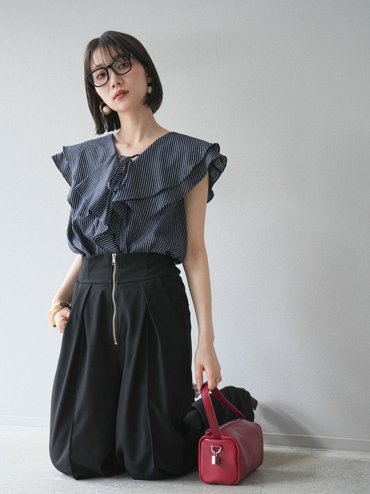 [予約]リネンライクストライプラッフルブラウス/ネイビー