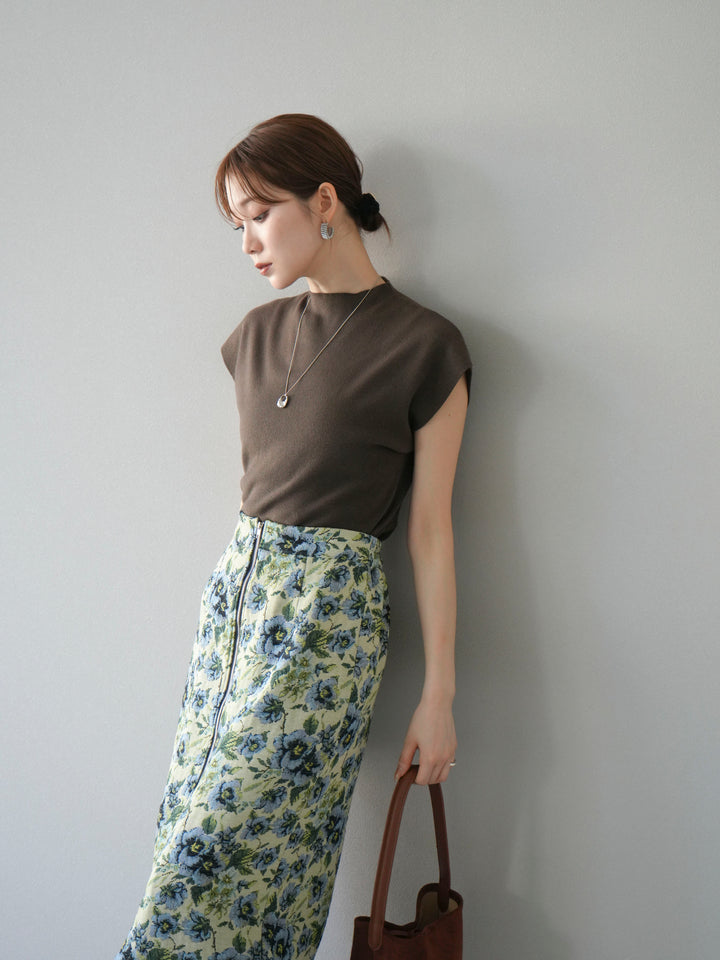 [SET]プチネックフレンチニットトップス+ゴブランフロントジップタイトスカート(2set)