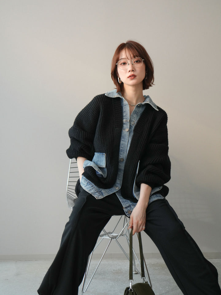 [予約]デニムドッキングオーバーニットジャケット/black