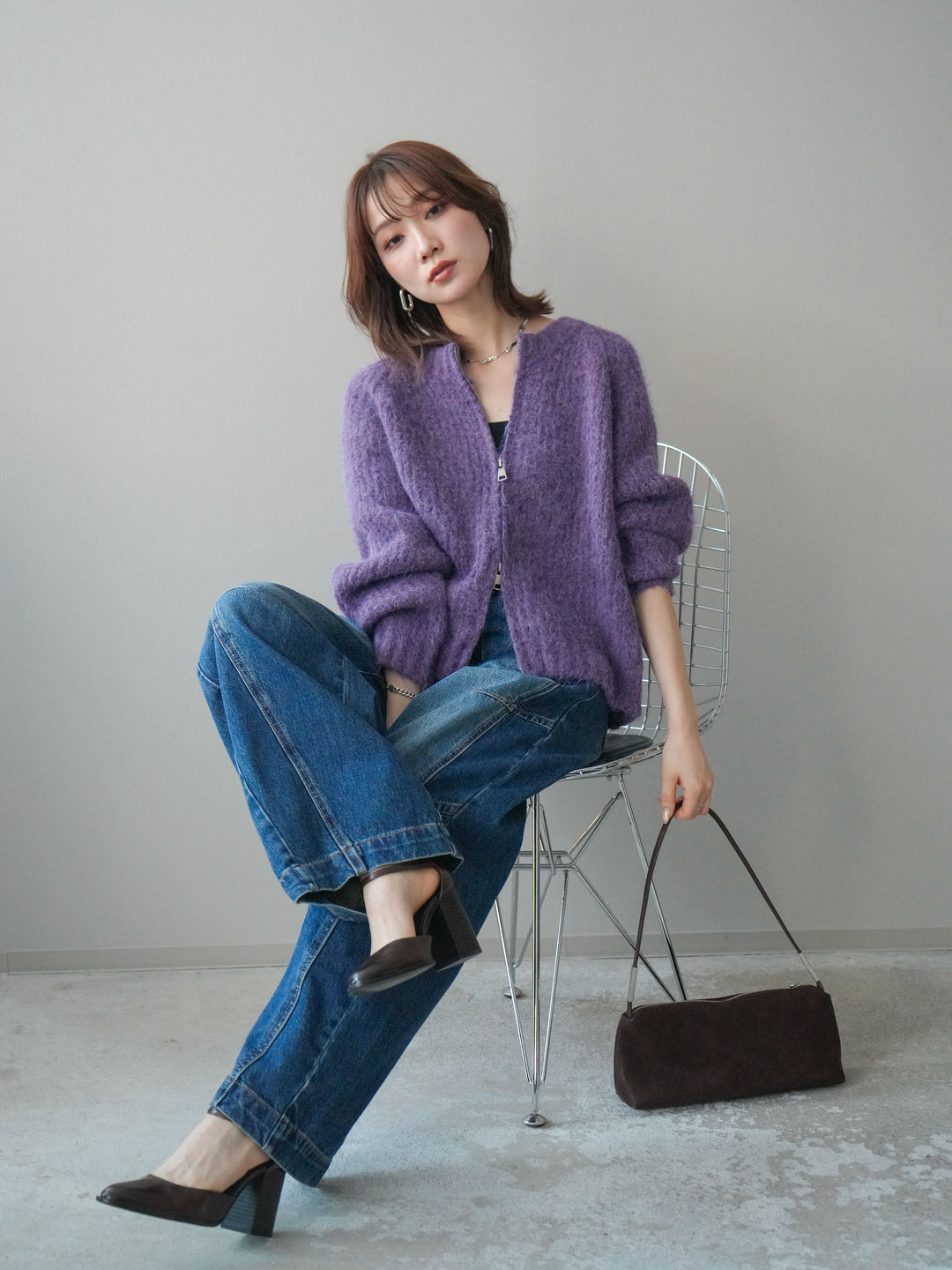 [予約]MIXヤーンモヘアタッチZIPニットカーディガン/purple