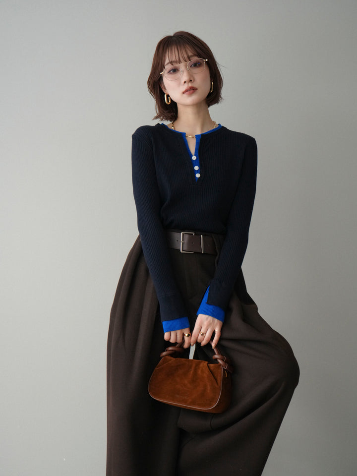 [予約]バイカラーキーネックリブニットトップス/blue