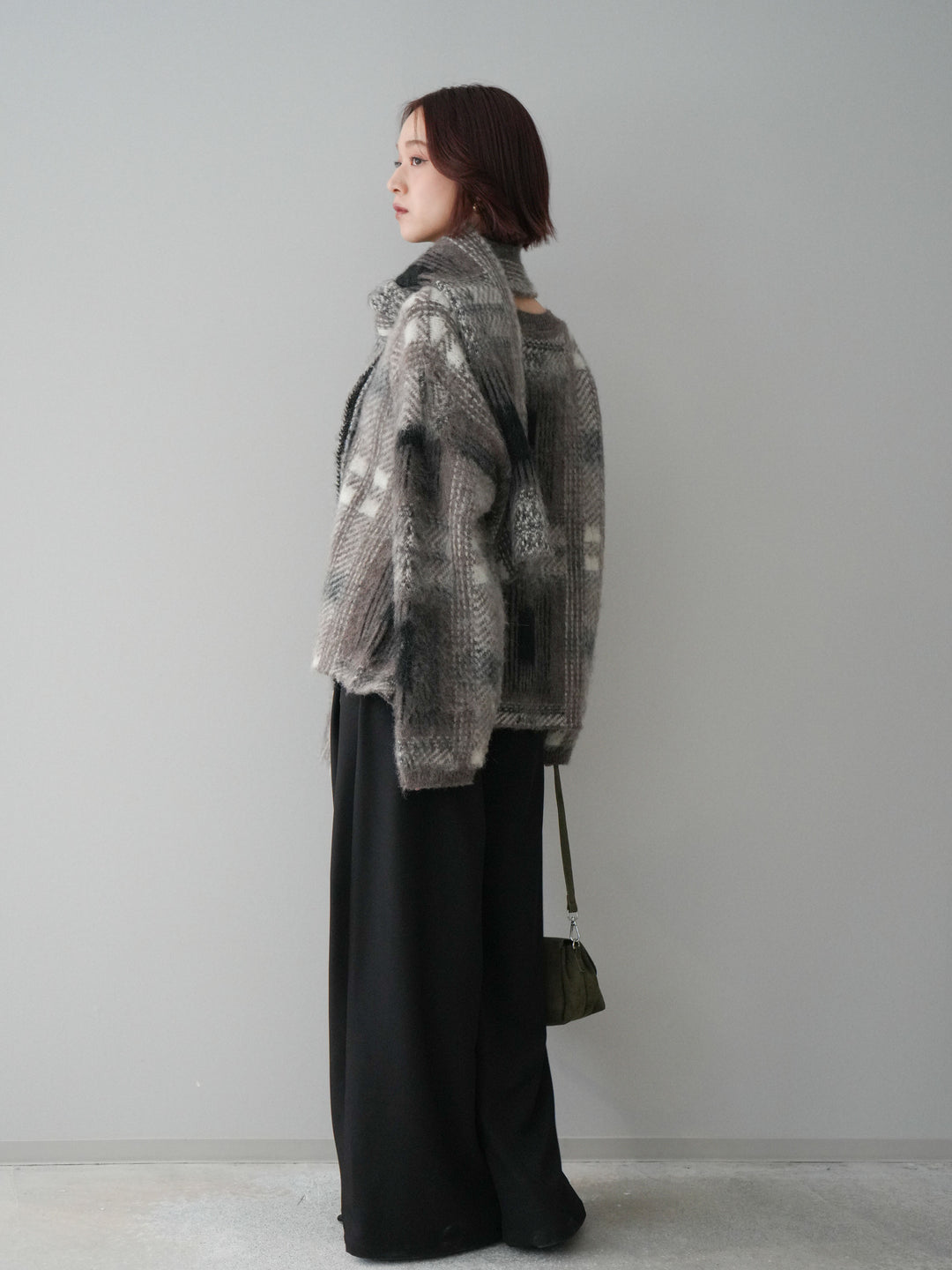 [SET]ストール付シャギーチェックニットプルオーバー+ベルトループデザインワイドパンツ(2set)