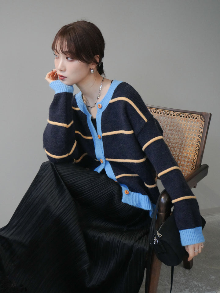 [予約]配色ボーダーニットカーディガン/navy