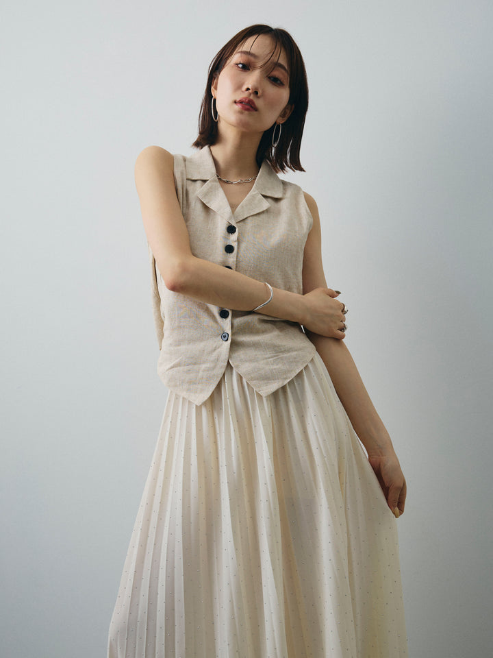 [SET]リネンライクテーラードジレ+ラインストーンプリーツスカート(2set)