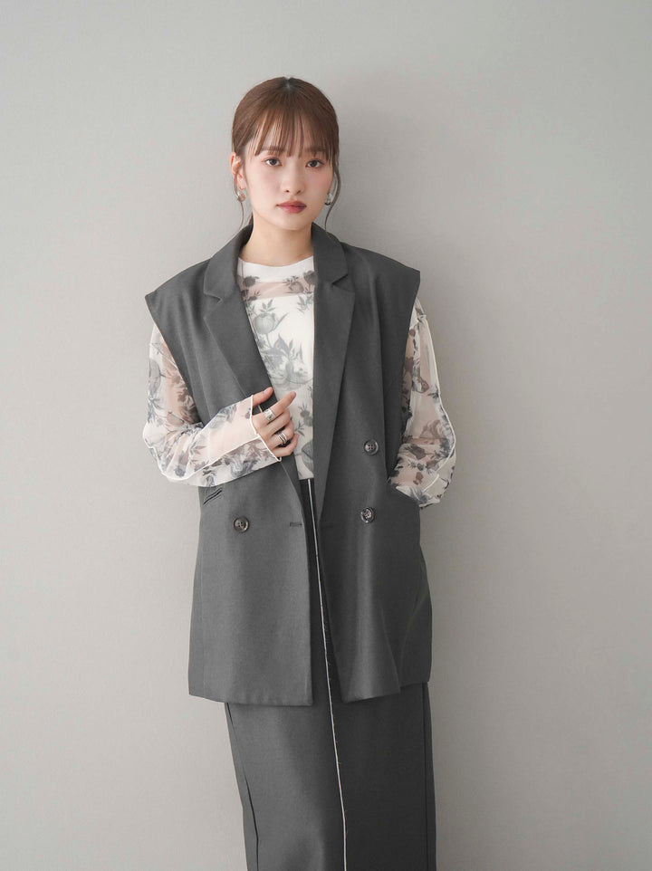 【預購】花朵印花羅紋領透薄柔和上衣/米白色單色