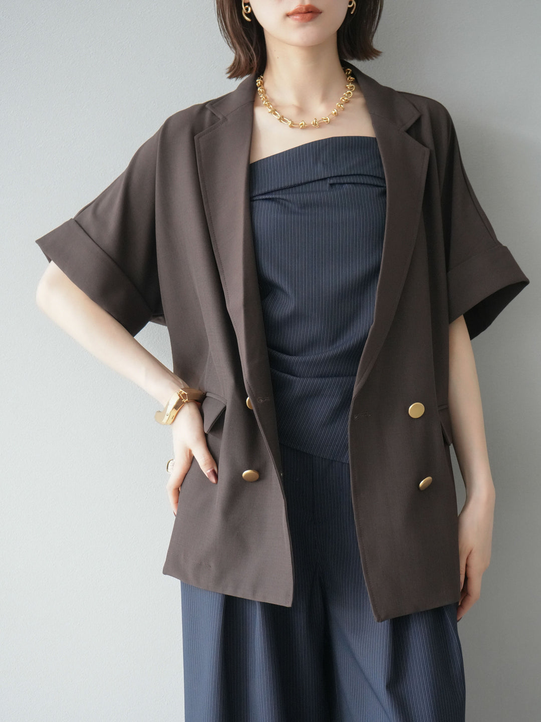 [予約]ゴールドボタンハーフジャケット/ブラウン