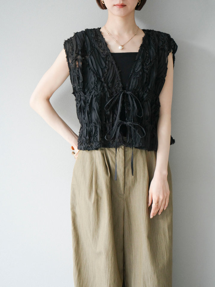 [SET] 提花蕾絲蝴蝶結上衣+麻質下擺迴力寬褲（2件套）
