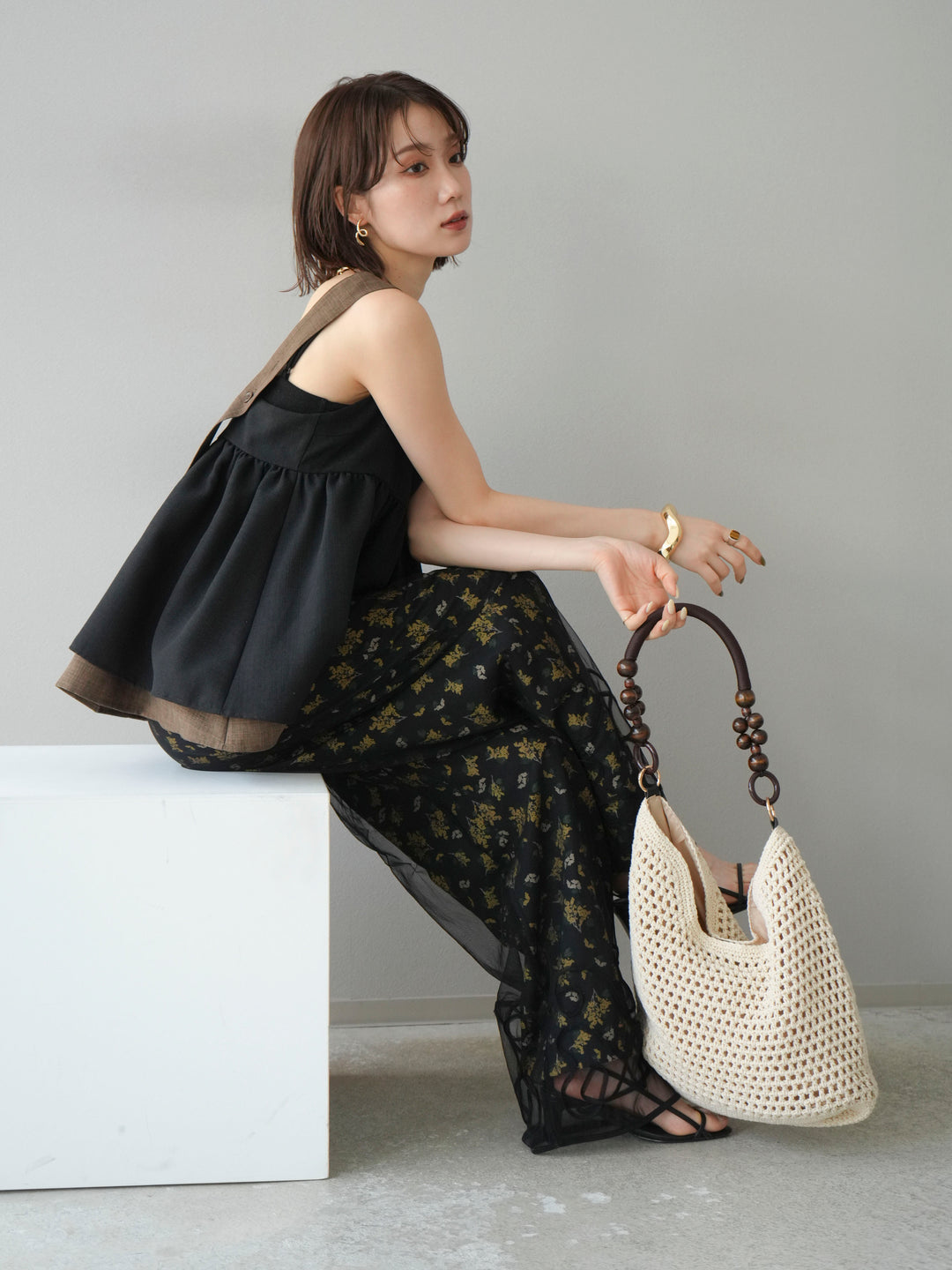 [SET]コード刺繍チュールレイヤードパンツ+ブーケプリントタックパンツ(2set)