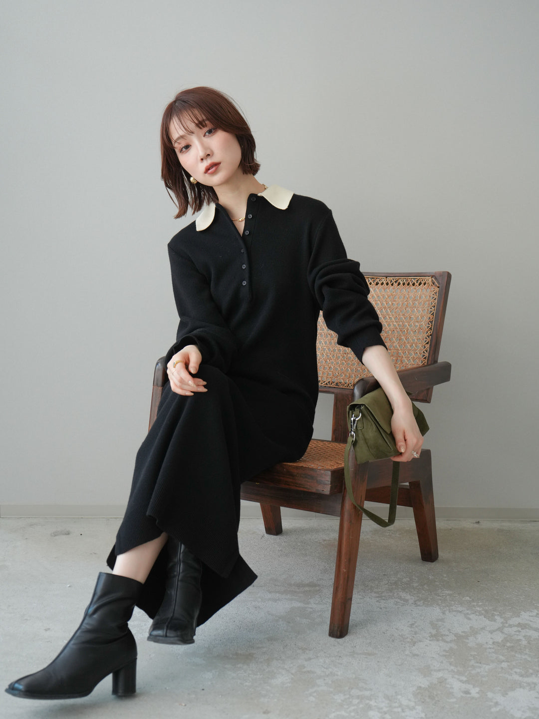 [予約]配色ポロニットワンピース/black