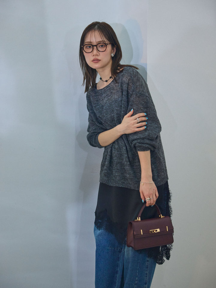 【Allure】[SET]モヘアタッチ透かし編みボートネックニットプルオーバー+アシメカーブデニムパンツ+アシンメトリーサテンレースキャミソール(3set)