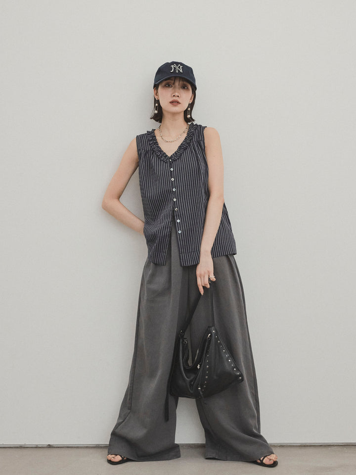 [SET] 條紋荷葉邊襯衫 + 亞麻觸感褶皺寬褲 (2 件套)