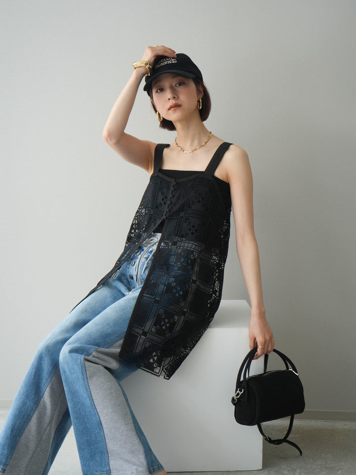 [SET]配色パネルレースキャミソール+デニム切替スウェットパンツ(2set)