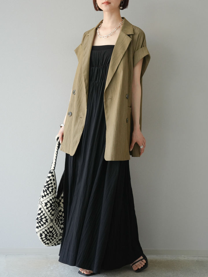 [SET]レーヨンシャーリングキャミワンピース+リネンライクノースリーブダブルジレ(2set)