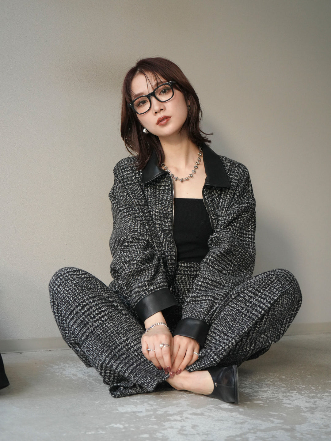 [予約]レザー襟ミックスツイードジャケット/black