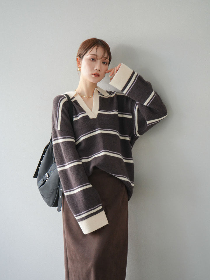 [SET]ポロ襟スキッパーボーダーニットプルオーバー+スウェードIラインスカート(2set)