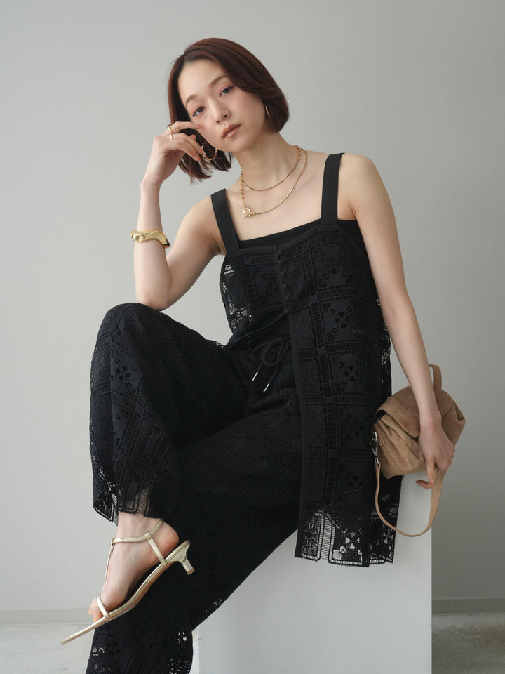 [SET]配色パネルレースキャミソール+カップ付テレコリブベアキャミソール(2set)