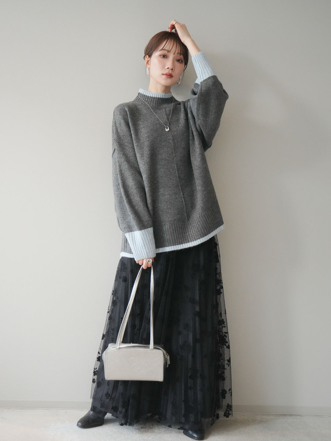 [SET]配色ハイネックニットプルオーバー+フラワーフロッキーチュールプリーツスカート(2set)