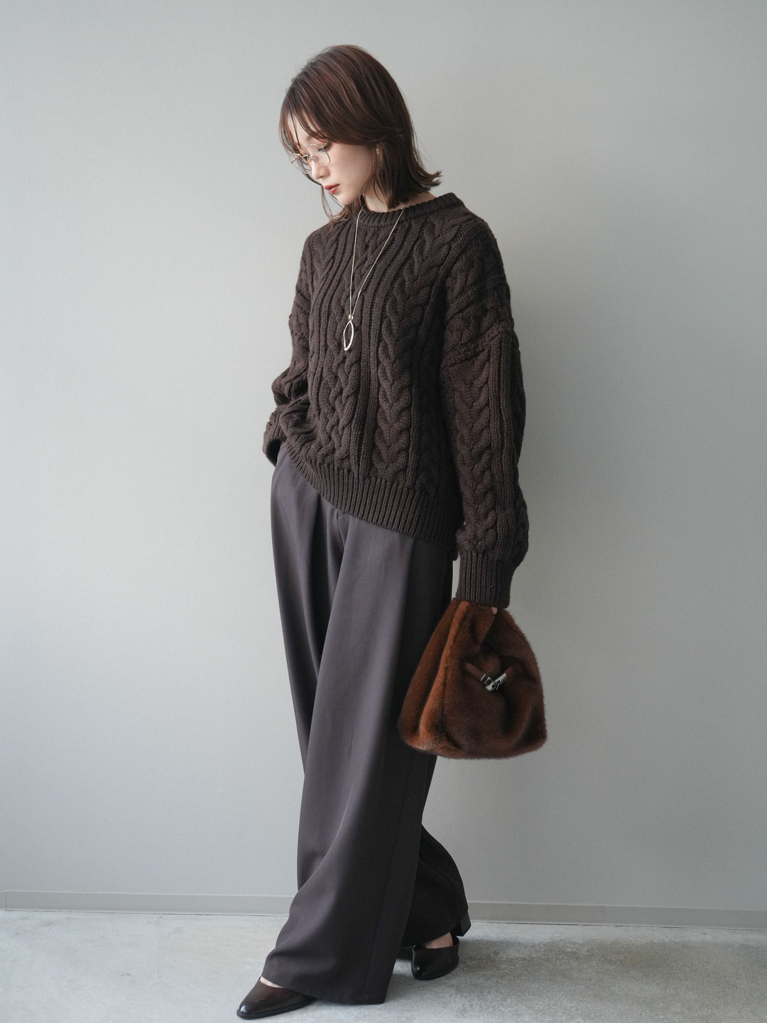 [SET]ボリュームケーブルニットプルオーバー+ベルトループデザインワイドパンツ(2set)
