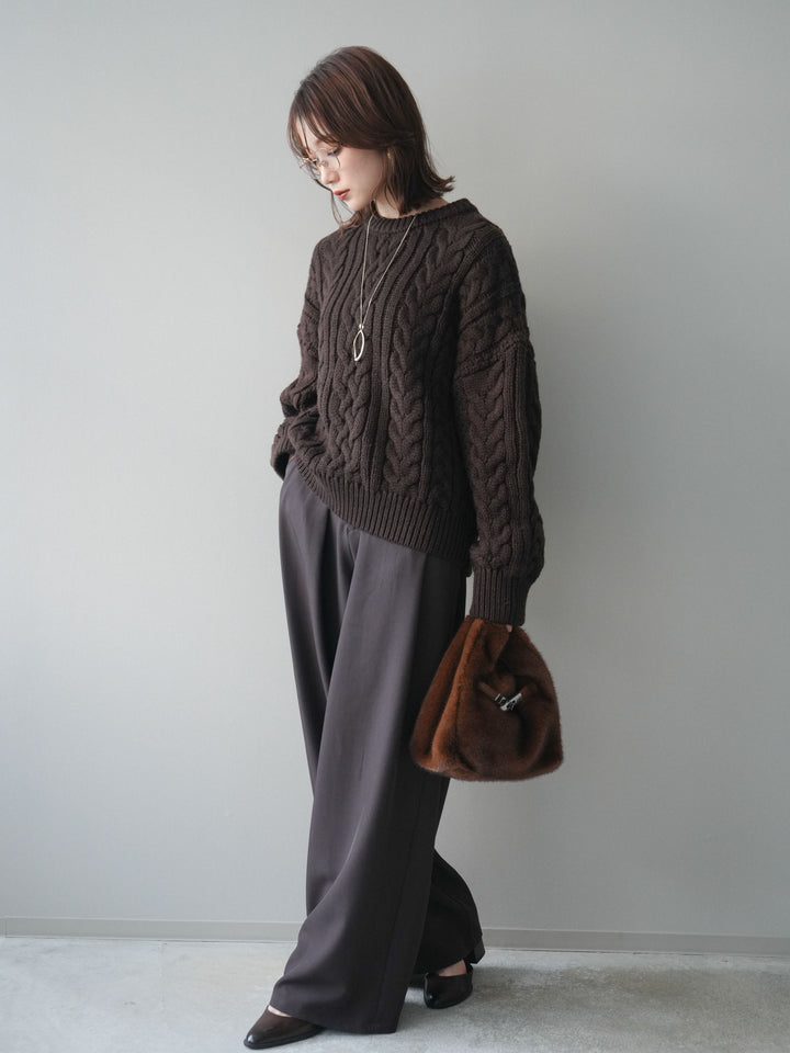 [SET]ボリュームケーブルニットプルオーバー+ベルトループデザインワイドパンツ(2set)