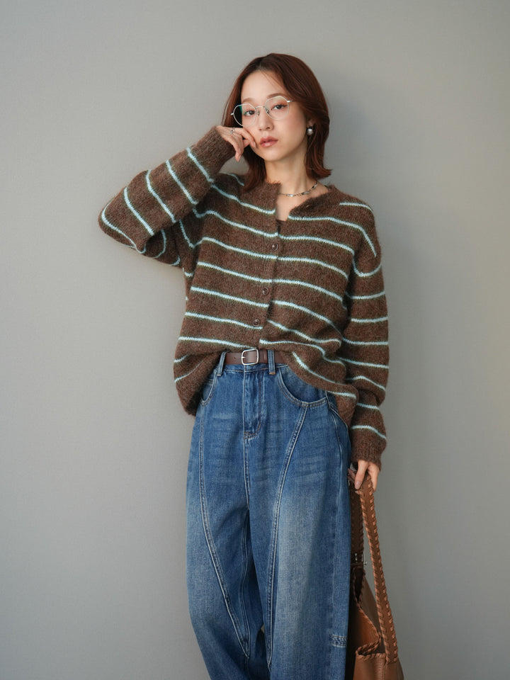 [予約]ボーダーシャギーニットカーディガン/brown