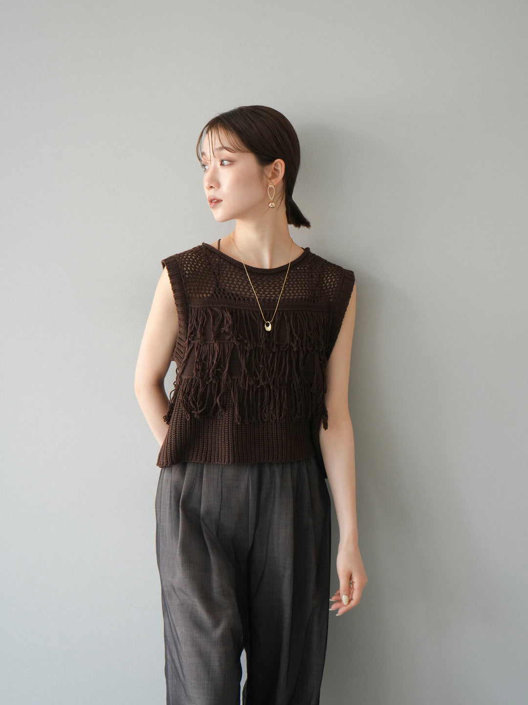 [SET]透かし編みフリンジニットトップス+コード刺繍チュールレイヤードパンツ(2set)