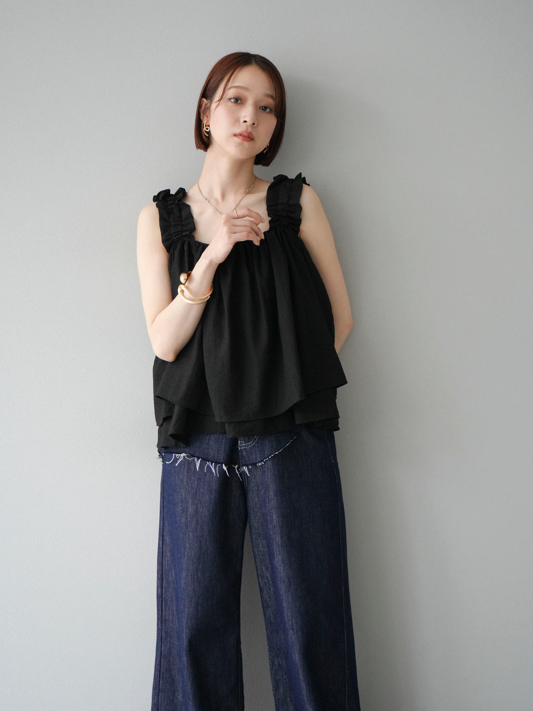 [予約]ギャザーショルダーフレアタンクトップ/ブラック