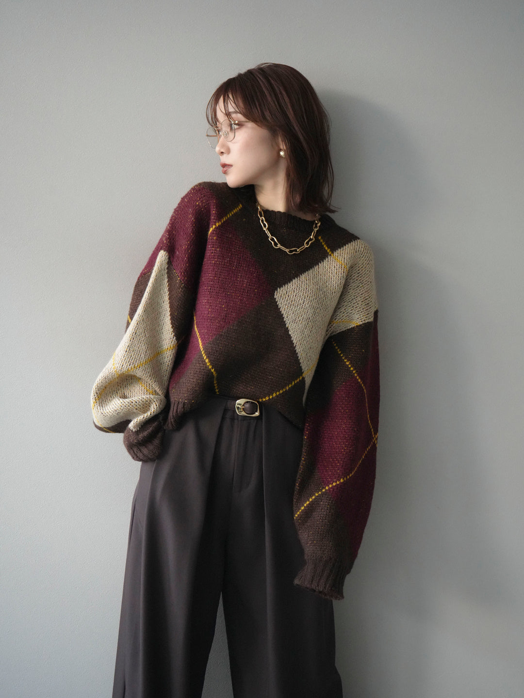 [SET]配色ステッチアーガイル柄ニットプルオーバー+ベルトループデザインワイドパンツ(2set)